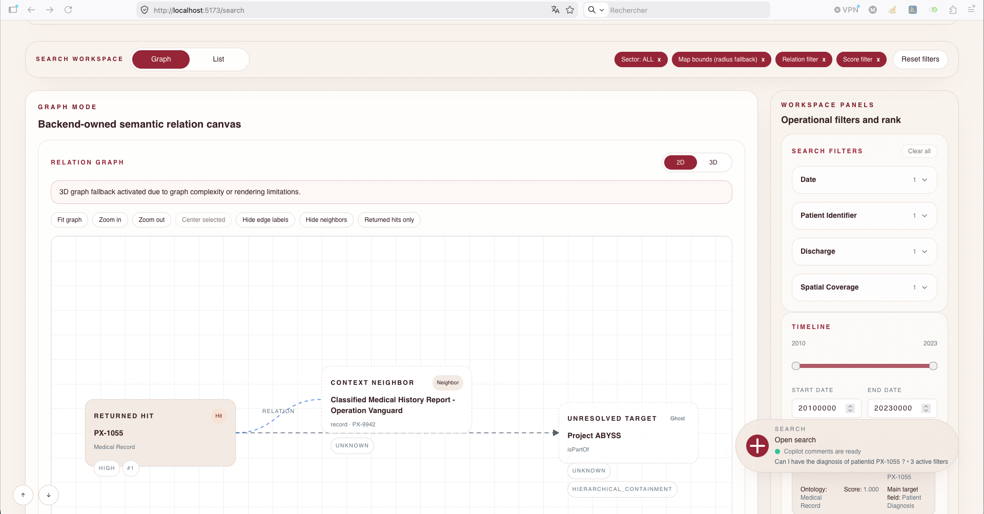 Light CARM'INK SEE MVP graph mode showing semantic relations, filters and workspace panels.
