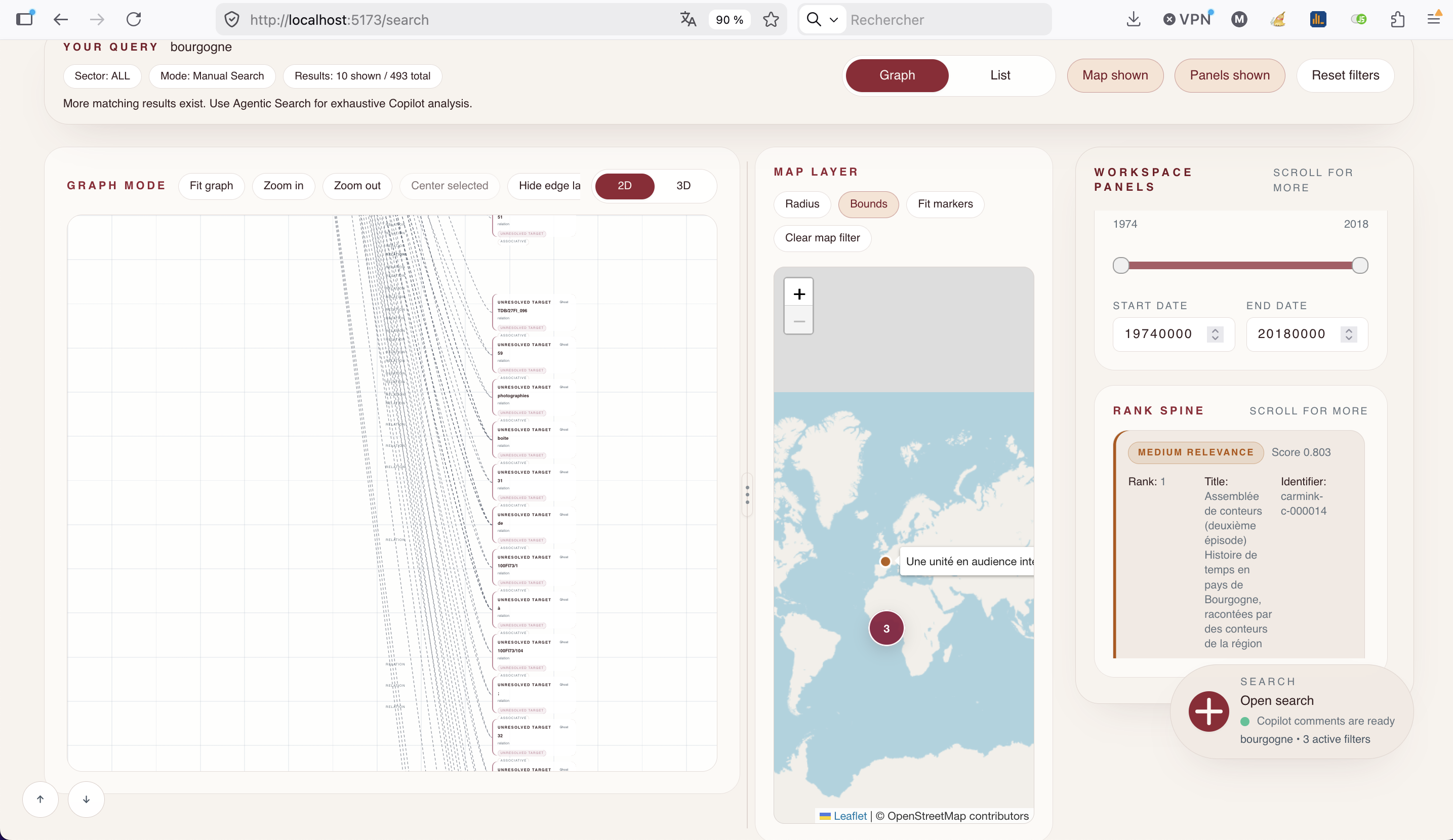 Light CARM'INK SEE MVP search workspace showing graph, map and rank panels together.