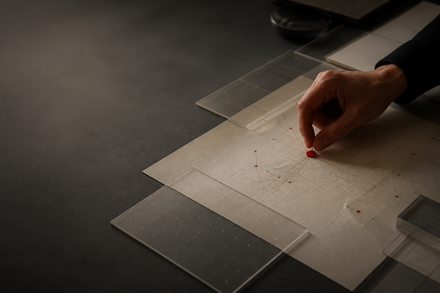 A hand placing a carmine marker on a structured network map