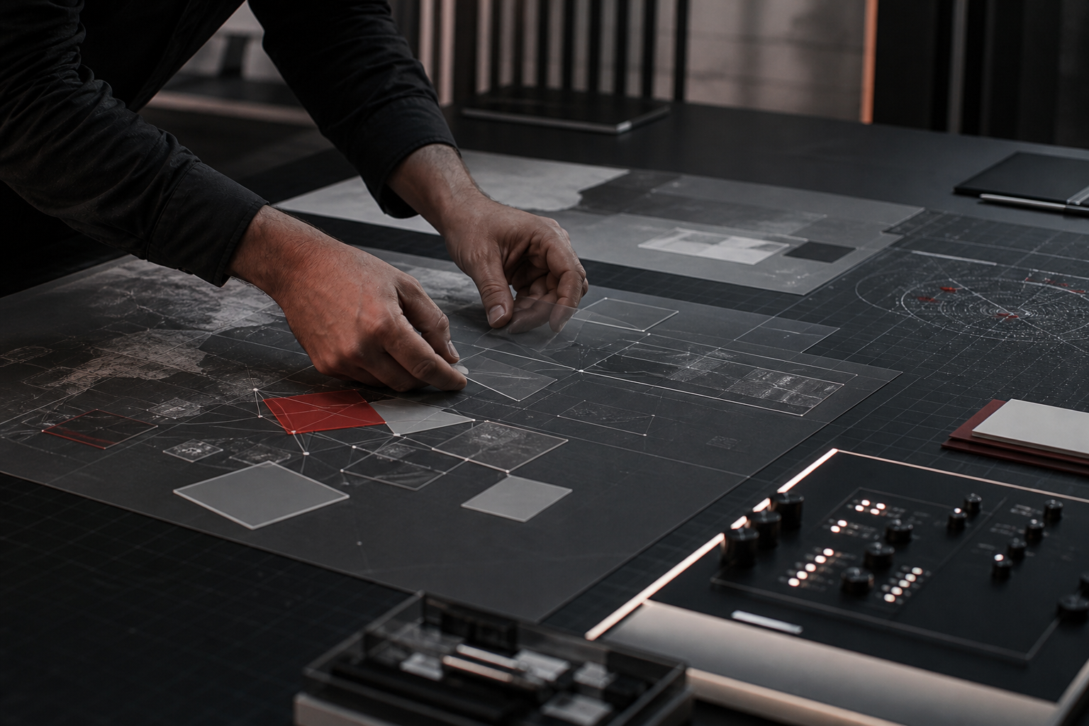 Hands arranging a structured systems map on a graphite engineering table