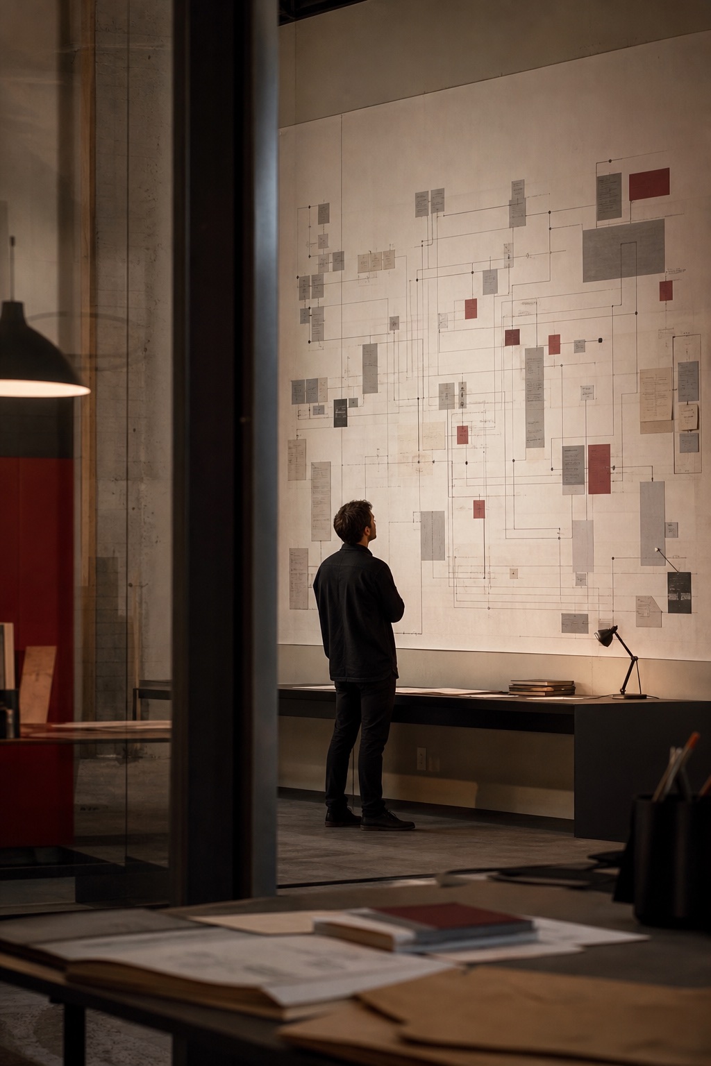 Systems architect studying a large map of relationships in a contemporary workspace